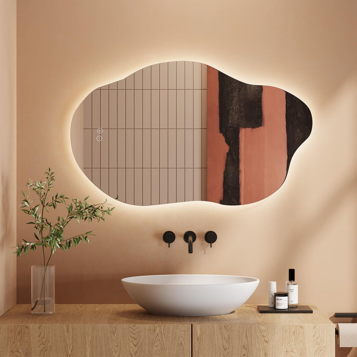 Dripex Badezimmerspiegel Led Badspiegel, Asymmetrisch, Touch-Schalter, Dimmbar, 3 Lichtfarbe Einstel