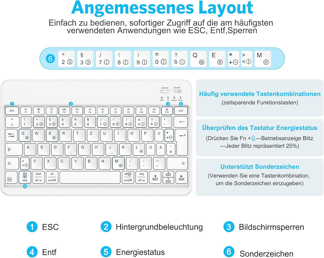 Emetok deutsche Bluetooth Tastatur für alle iPad-Modelle/iPhone/Android, Wiederaufladbar mit 7 Farbi