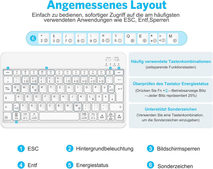 Emetok deutsche Bluetooth Tastatur für alle iPad-Modelle/iPhone/Android, Wiederaufladbar mit 7 Farbi