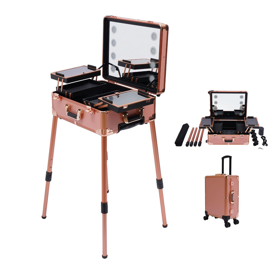 Kosmetikkoffer Trolley mit Spiegel und Licht Mobile Schminkstation Tisch, Einstellbare Höhe und Hell