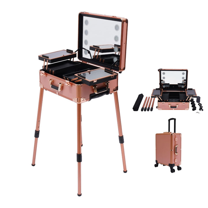 Kosmetikkoffer Trolley mit Spiegel und Licht Mobile Schminkstation Tisch, Einstellbare Höhe und Hell