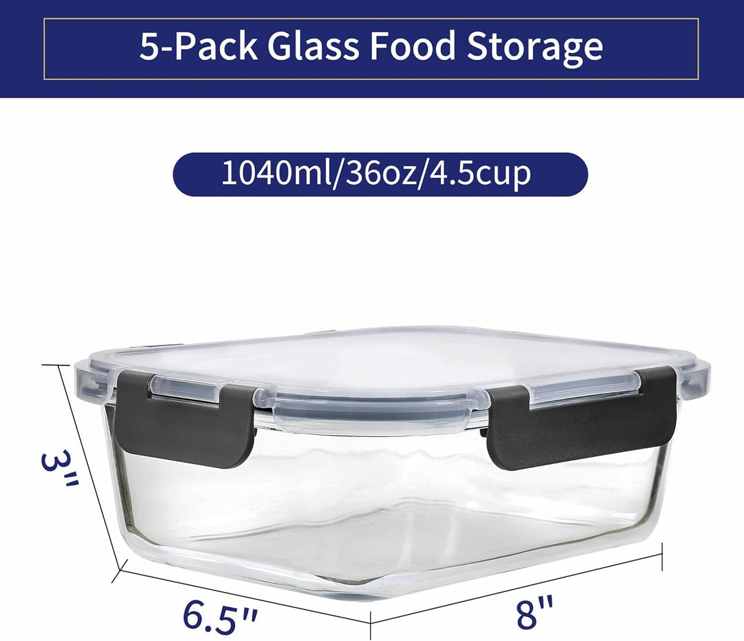 MFY 5er-Set 1040ml Meal Prep Boxen Glas Frischhaltedosen Glas mit Deckel, Glasbehälter mit Deckel Se