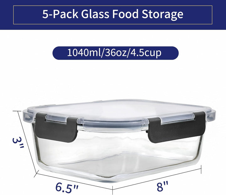 MFY 5er-Set 1040ml Meal Prep Boxen Glas Frischhaltedosen Glas mit Deckel, Glasbehälter mit Deckel Se