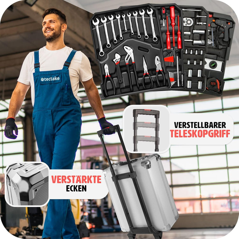 tectake® Werkzeug Set im Aluminium Koffer, Werkzeugkoffer gefüllt, 599-tlg., Tool Werkzeugwagen fahr