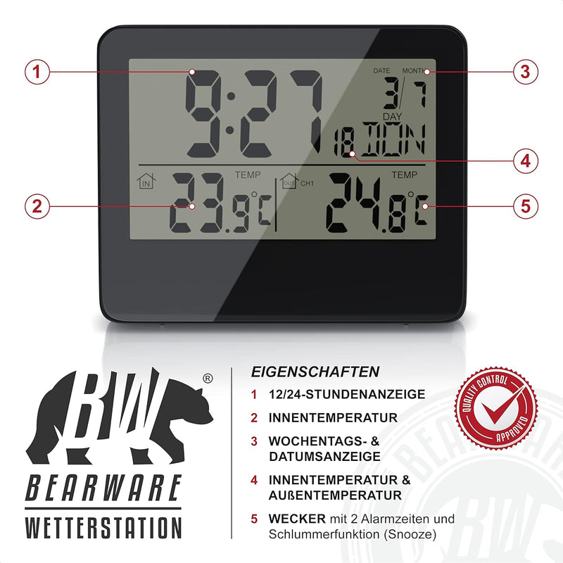 CSL - Funk Wetterstation mit Aussensensor - Funkuhr, sekundengenaue Uhrzeit durch DCF-Signal - LCD-D