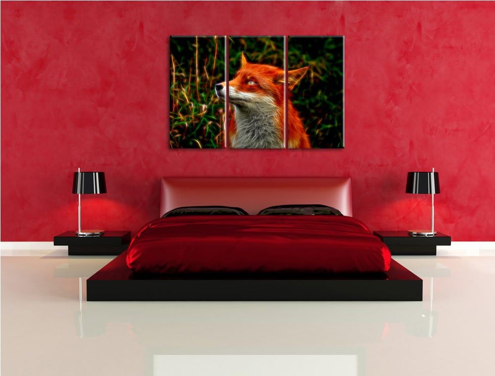 Süsser Fuchs im Wald 3 Teilig, Gesamtgrösse 120x80 cm auf Leinwand, XXL riesige Bilder fertig gerahm