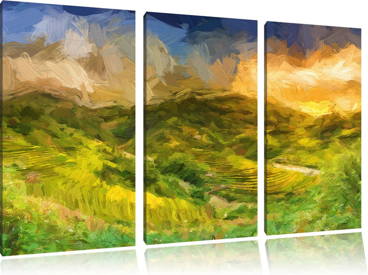 Pixxprint Berg Farm in Asien / 3-Teilig/Gesamtmass 120cm Leinwandbild bespannt auf Holzrahmen/Wandbi