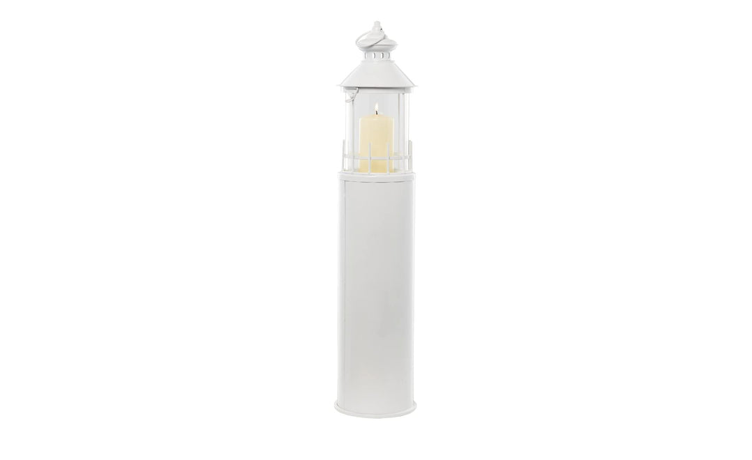 KHG Laterne Leuchtturm 99 cm aus Metall/Glas in weiss, Kerzenständer, Kerzenhalter, Outdoor und Indo