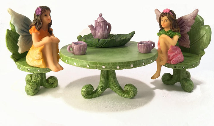 GlitZGlam Miniatur-Fee-Gartenmöbel Set Blatt Bistro-Tee-Set für Feen und Gartenzwerge