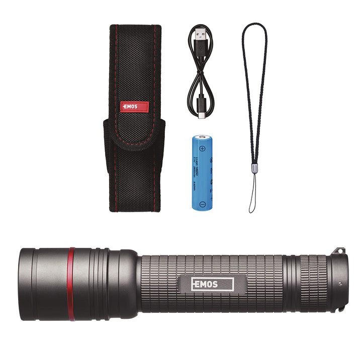 EMOS aufladbare Metall-Taschenlampe mit Fokus, superhelle 600 lm CREE-LED taktische Handlampe mit 23