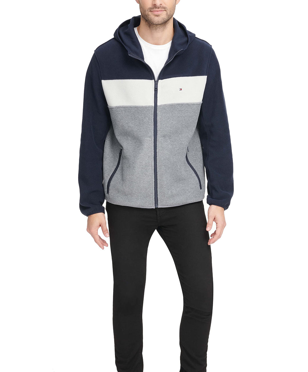 Tommy Hilfiger Herren Performance Fleecejacke mit Kapuze Fleecejacke 3XL Marineblau/Weiss/Hellgrau,