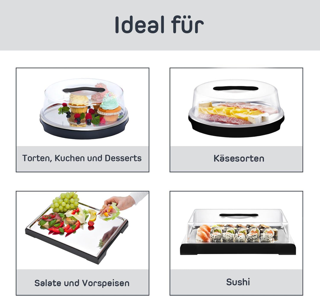 FH - Servierplatte mit Deckel - Kuchen Transportbox mit Kühlung, Kühlplatte mit Haube und Kühlakkus