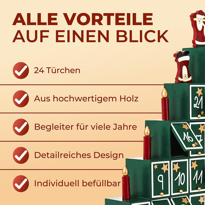 Spielwerk® Wiederverwendbarer Adventskalender Tannenbaum zum Befüllen 24 Türchen Bunt Bemalt Weihnac