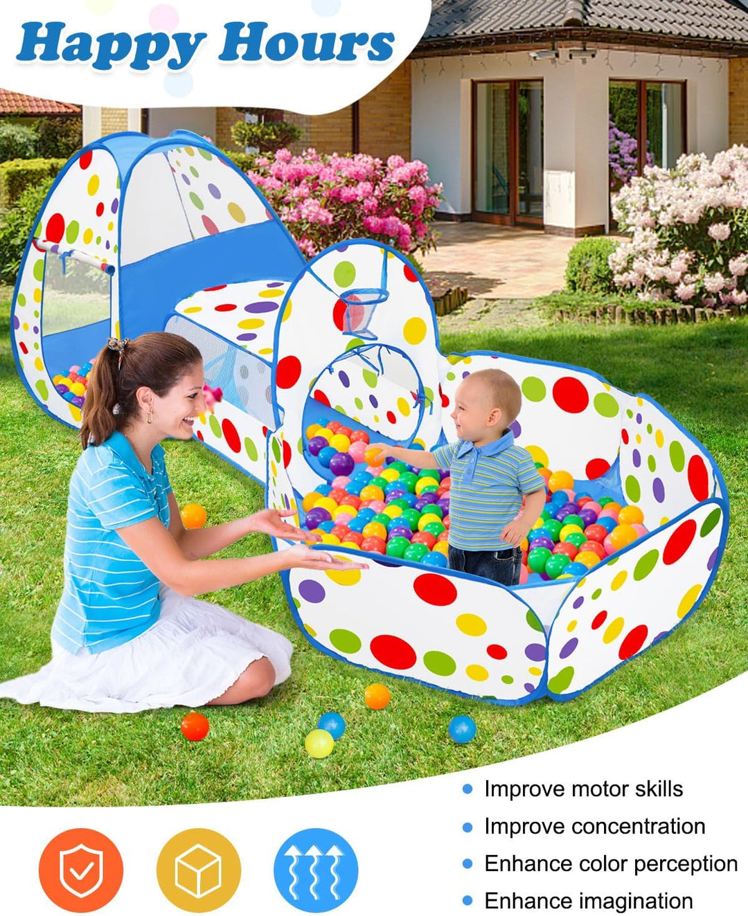 MAIKEHIGH 3 in 1 Kinder Spielzelt Tunnel, Pop Up Bällebad mit Krabbeltunnel Spieltunnel Drinnen Drau