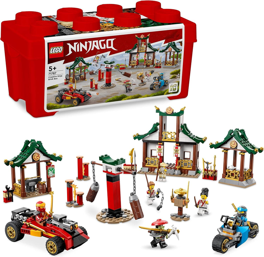 LEGO 71787 NINJAGO Kreative Ninja Steinebox, Spielzeug Aufbewahrungskiste mit Ninja-Auto und Motorra