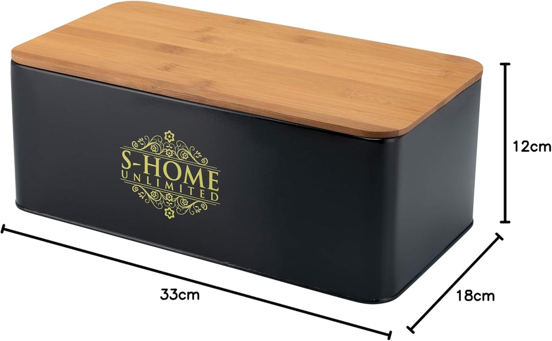 Brotkasten Metall Schwarz mit Bambusdeckel | 2-in-1 Brotbox & Schneidebrett | Belüftete Brotaufbewah