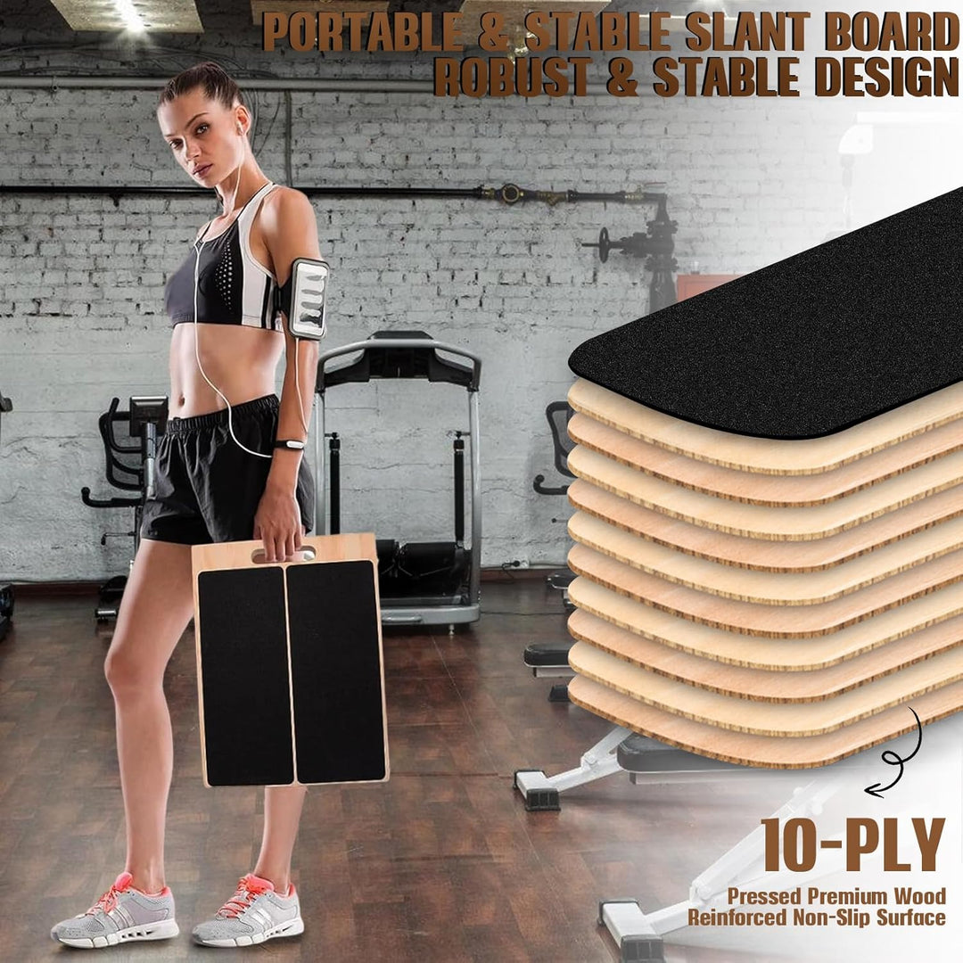 Verstellbares Schrägbrett aus Holz 40 × 30 × 4,5 cm mit 5 elastischen Bändern – rutschfeste Fitness-