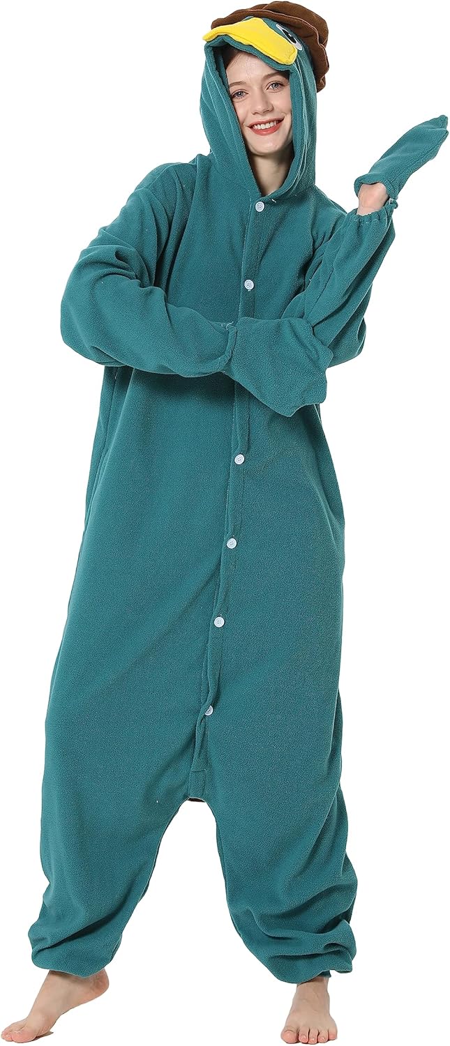 RANSUU Schnabeltier Kostüm Onesie Tier Jumpsuit Relaxo Kostuem Damen Herren Pyjama Halloween Schlafa
