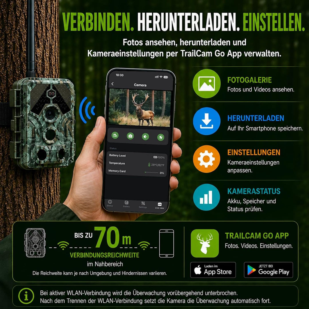 Wildkamera mit Handyübertragung App – 4K Video &amp; 64MP Fotos – WLAN &amp; Bluetooth – Wildtierkamera mit