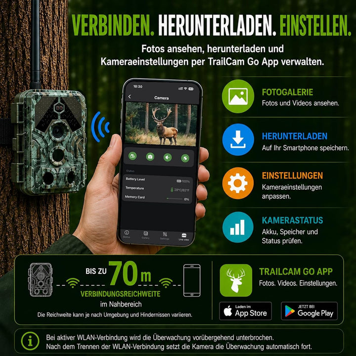 Wildkamera mit Handyübertragung App – 4K Video &amp; 64MP Fotos – WLAN &amp; Bluetooth – Wildtierkamera mit