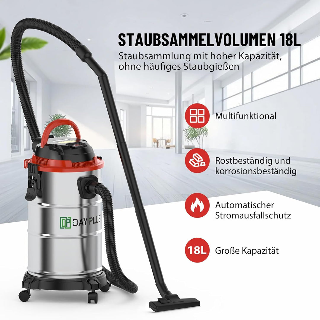 DayPlus Nass & Trocken Staubsauger, 18 Liter, 1200W Motor, 19 Kpa, 5m Kabel, 1,5 Flexible Schlauch,