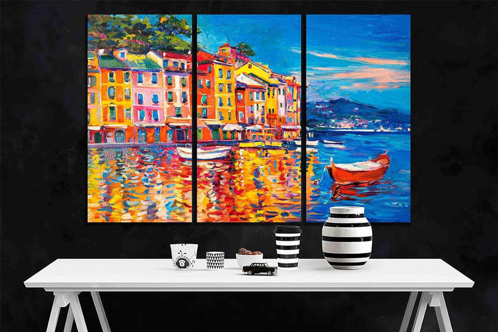 Kunstdruck auf Leinwand, Motiv Stadt und Boote, 3-teilig, 50 x 25 cm, 3 Stück 50 x 25cm (20 x 10 inc
