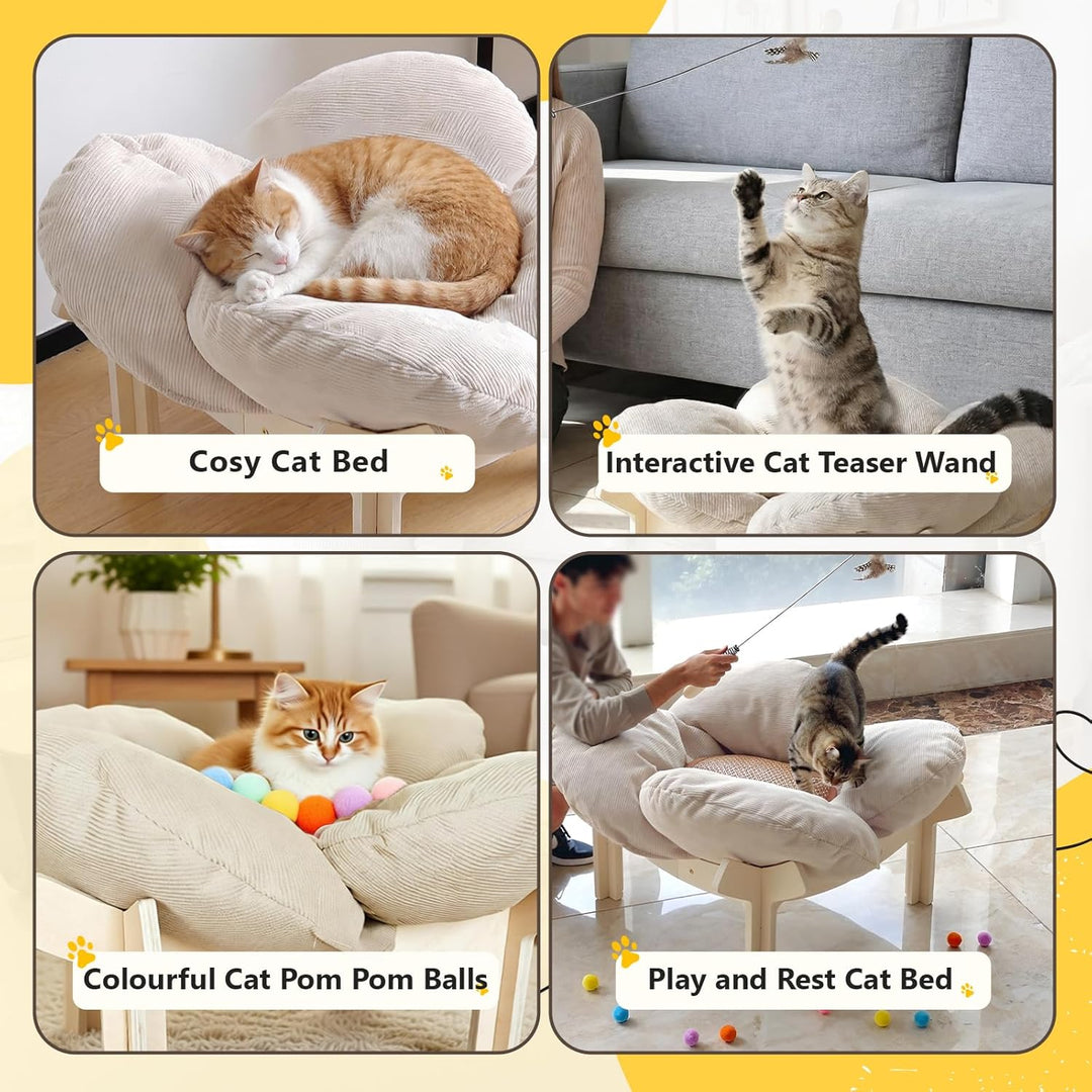 Erhöhtes Katzenbett in Blumenform,Stabiles Holzkatzensofa,Weiche Haustiersofa,Katzenstuhl mit Abnehm
