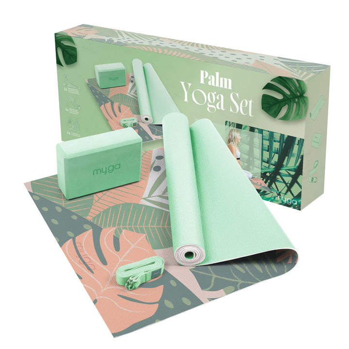 Myga Yoga Starter Kit | Komplettes Set mit Yogamatte, Yogablock & Gurt | rutschfest & Unterstützend