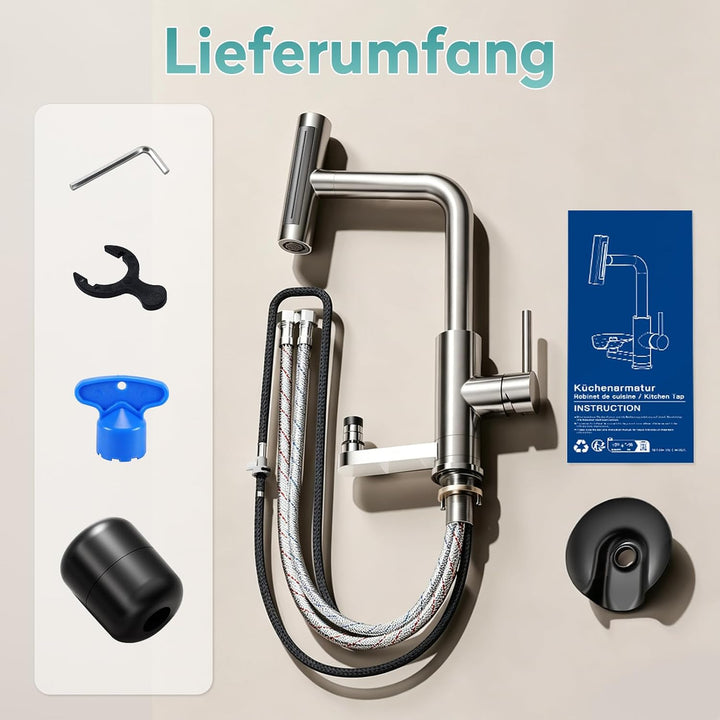 MIAOHUI Wasserhahn Küche mit Glasspüler, 4 Funktionen Armatur Küche Ausziehbar, Einhebel küchenwasse