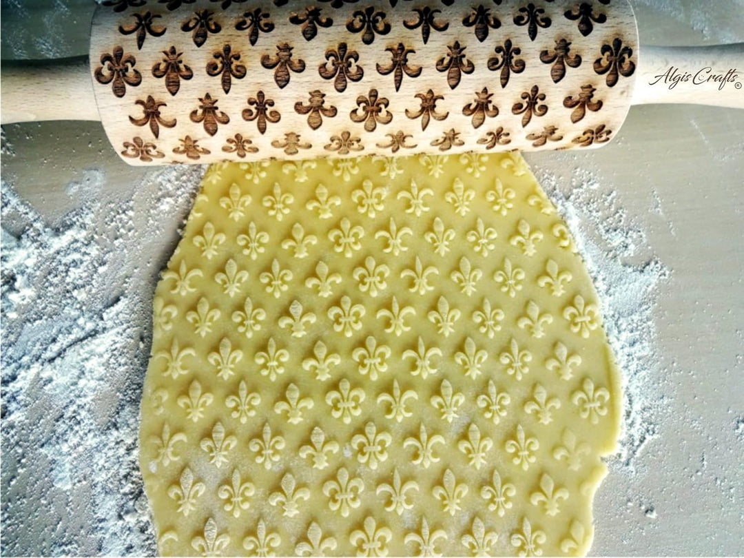 FLEUR DE LIS Nudelholz. Teigroller mit Oriental Blume für Teig & Plätzchen, Kuchen & Gebäck. Gravier