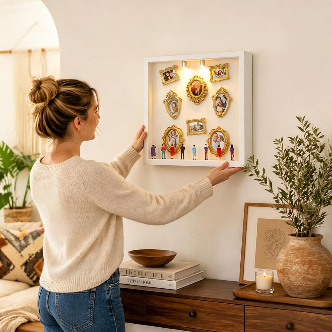 DIY Mini Museum Silhouette Box,Mini Museum Frames mit 8 Mini Goldene Rahmen & 8 Figuren mit Licht,Go