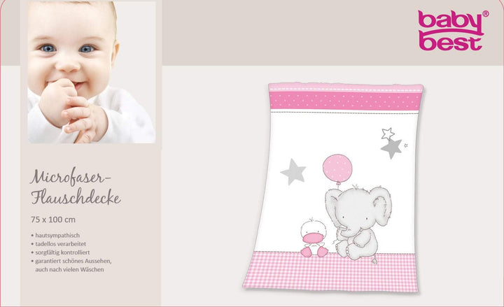 Herding Fynn Babydecke, Elefant Motiv, 75 x 100 cm, Microfaserflausch, Weiss/Rosa