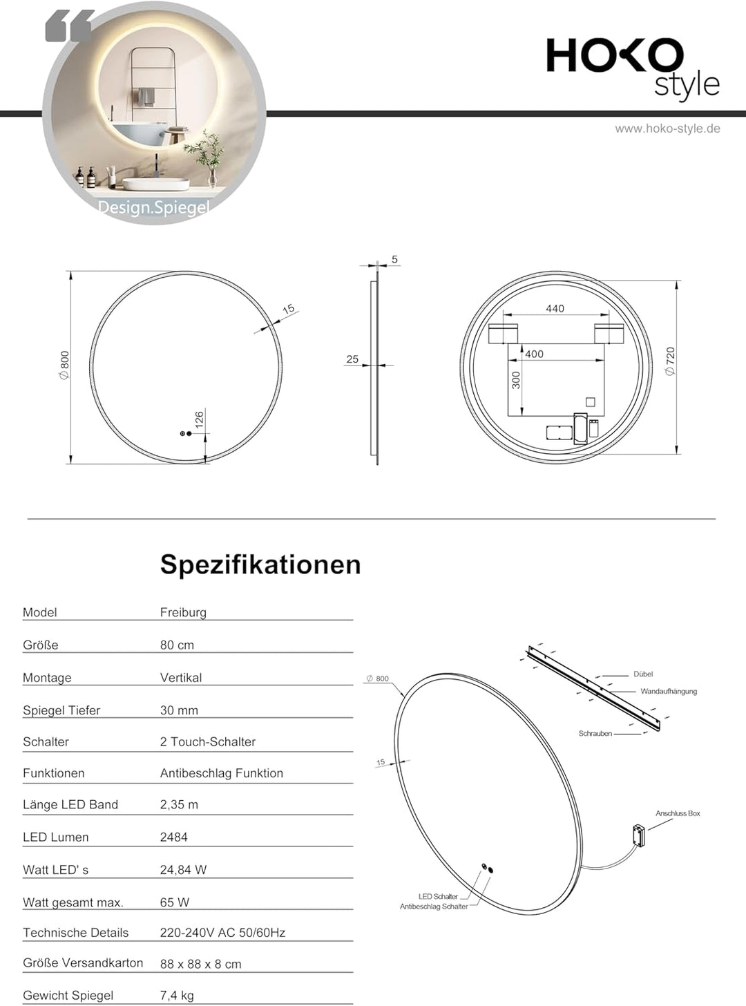 HOKO® Runder LED Bad Spiegel 80cm, mit ANTIBESCHLAG SPIEGELHEIZUNG, LED beleuchtet Badezimmerspiegel