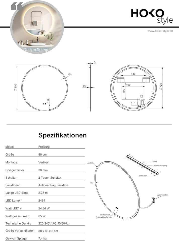 HOKO® Runder LED Bad Spiegel 80cm, mit ANTIBESCHLAG SPIEGELHEIZUNG, LED beleuchtet Badezimmerspiegel