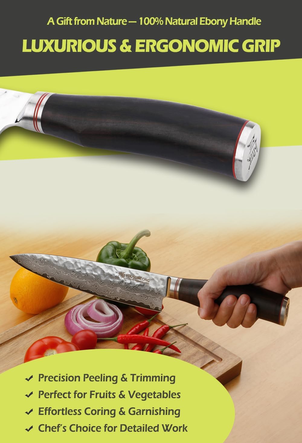 YOUSUNLONG Kochmesser 8 Zoll Gyuto Japanisch Gehämmerter Damaststahl Natur Bleiholzgriff mit Ledersc