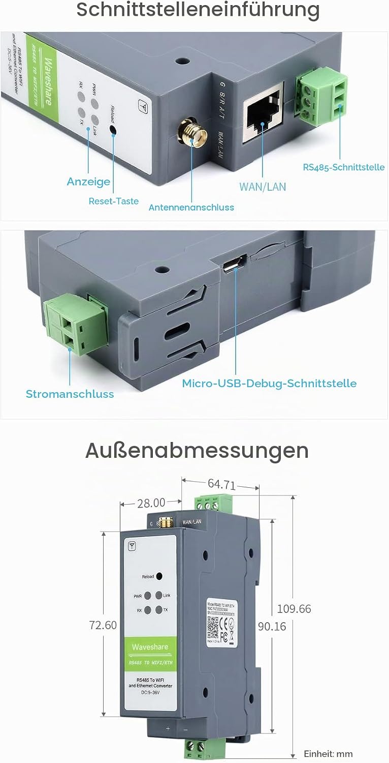 Waveshare RS485 to WiFi/Ethernet Module Rail-Mount Serial Server Modbus MQTT Gateway Supports Transp