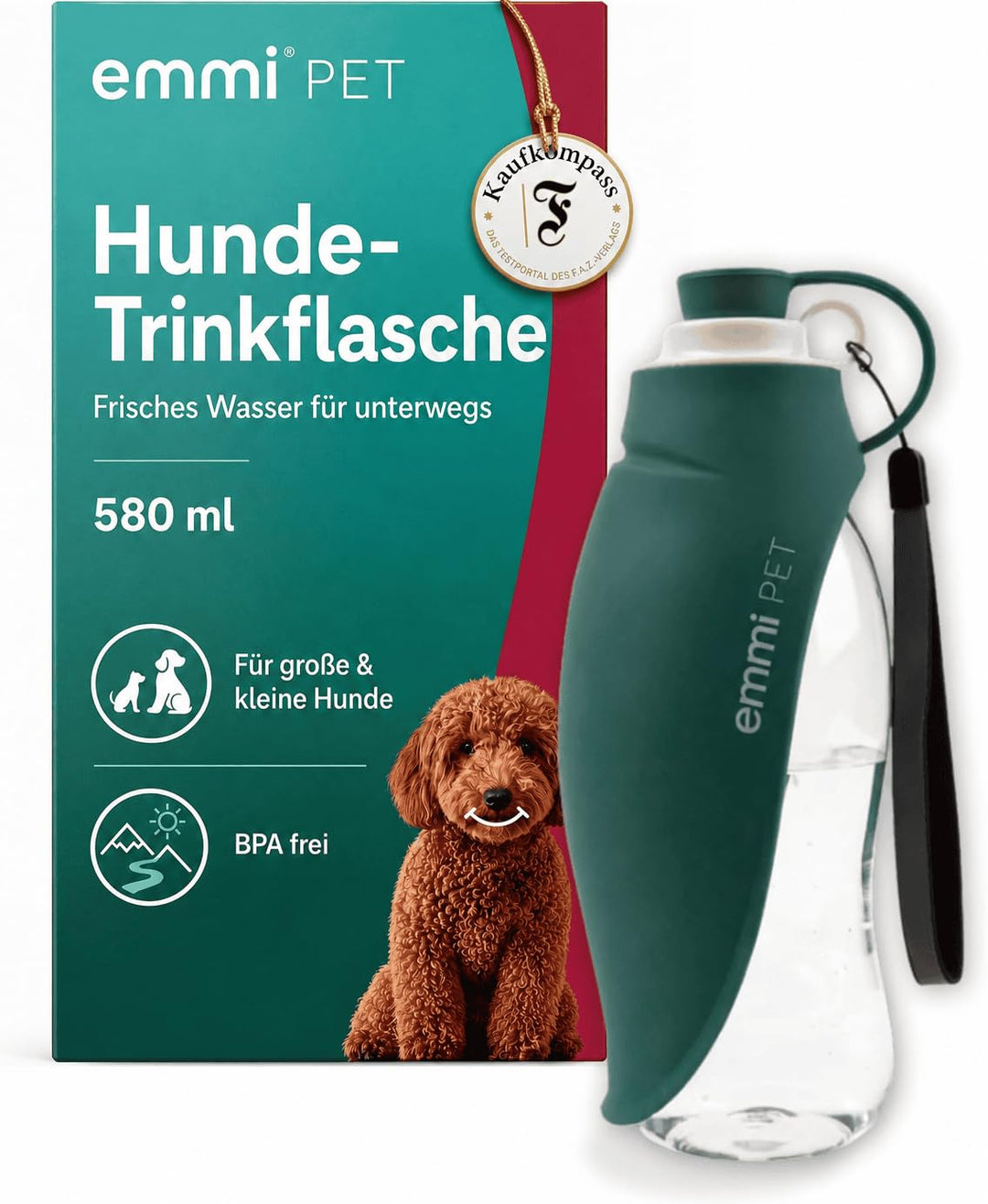 emmi-PET 2-in-1 Hundetrinkflasche mit Futterbehälter in Dunkelgrün I 600 ml Wasser & 150 ml Snacks I