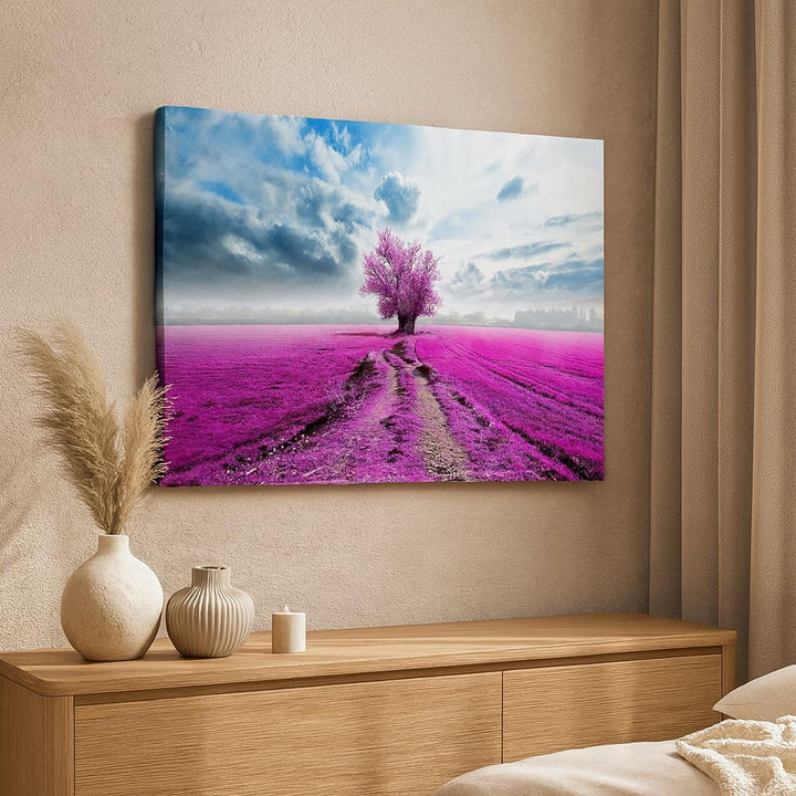 Bilder auf Leinwand Heidefeld Baum Wolken Landschaft Leinwandbild 70x50cm Wandbilder Dekoration Wohn