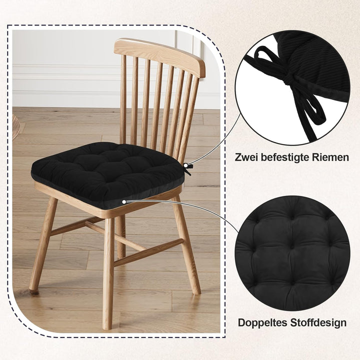 2er Set Stuhlkissen, 50x50x7 cm, Schwarz – Bequeme Sitzkissen aus Cordstoff und Kristallsamt mit Bin