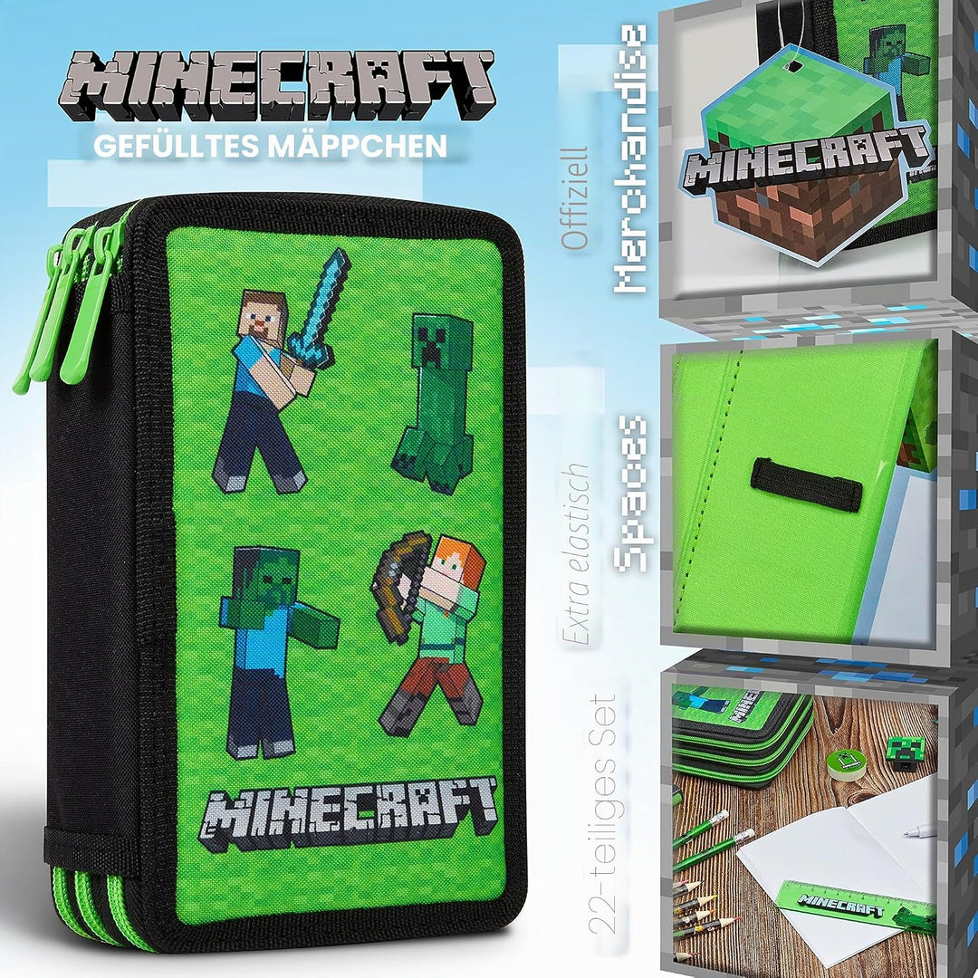 Minecraft Federmäppchen Jungen und Mädchen Mäppchen Gefüllt Creeper Federmappe mit Schreibwaren Game