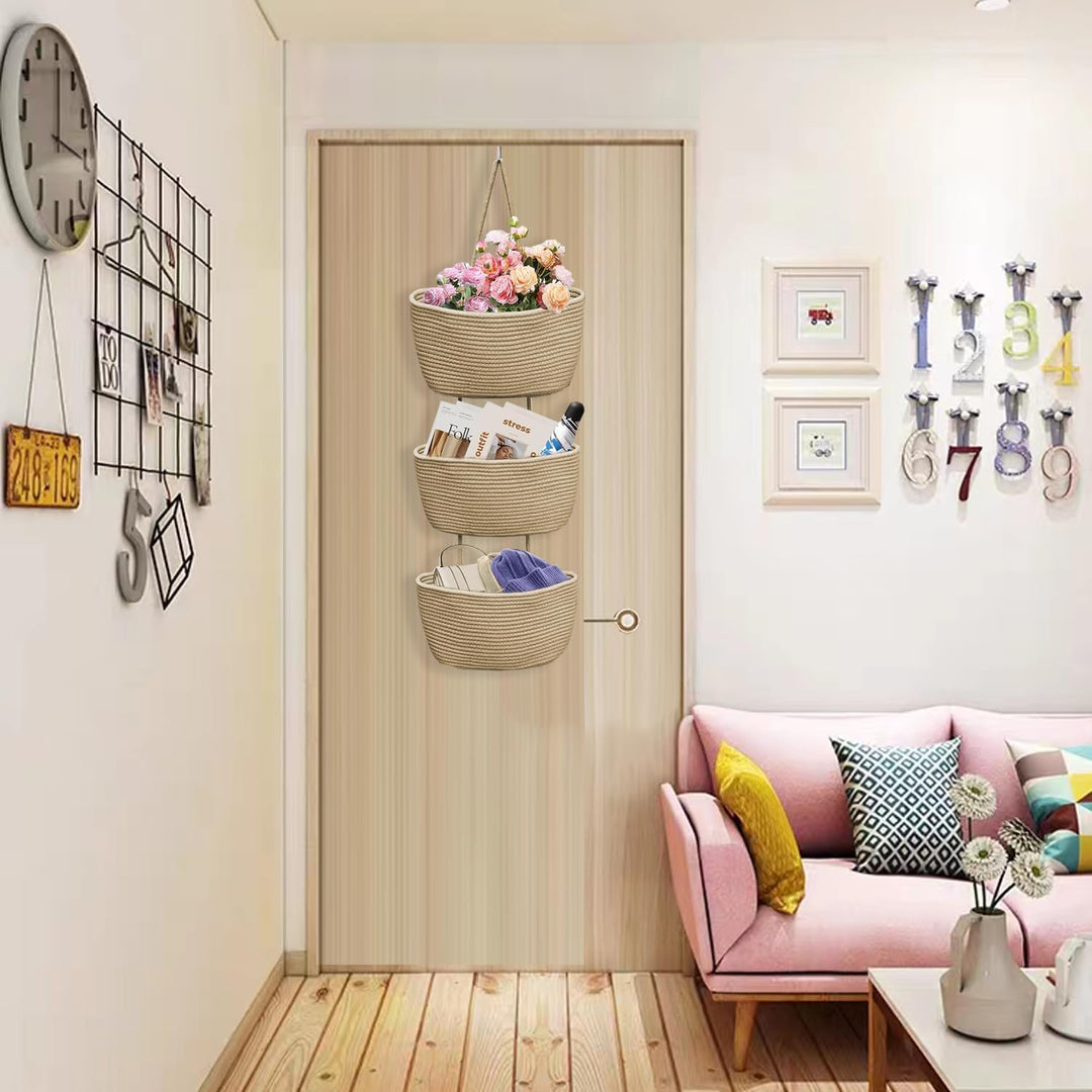 Royiwe Hängeorganizer Organizer Wand, Premium Leinen mit 3 stufiger Hängekorb aus Baumwollseil geweb