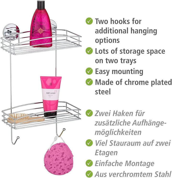 WENKO Vacuum-Loc® Wandregal 2 Etagen und 2 Haken, Wandablage ohne bohren, Duschablage mit Vakuum-Bef