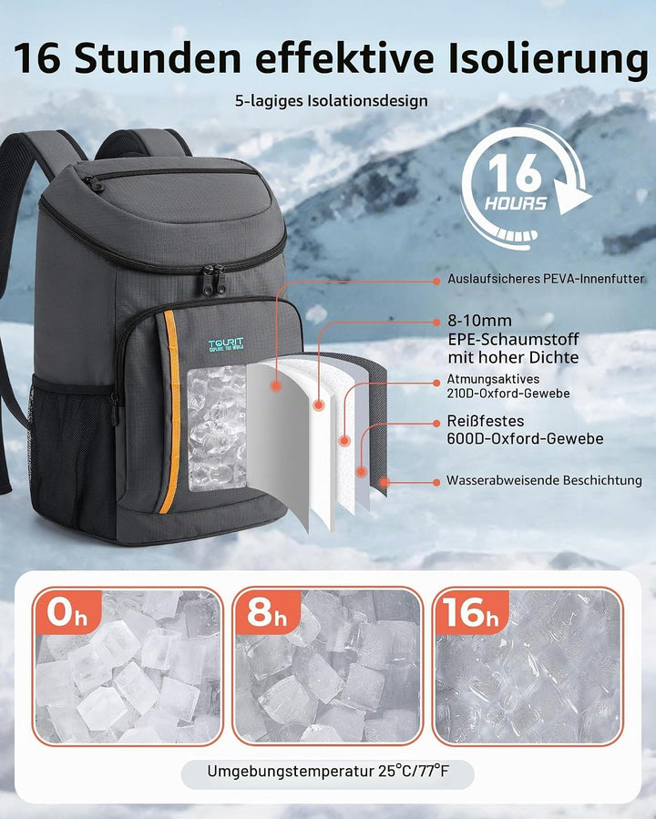 TOURIT Kühlrucksack Leichter Rucksack 28L mit Flaschenöffner Hält 30 Dosen Batik Schwarz, Batik Schw