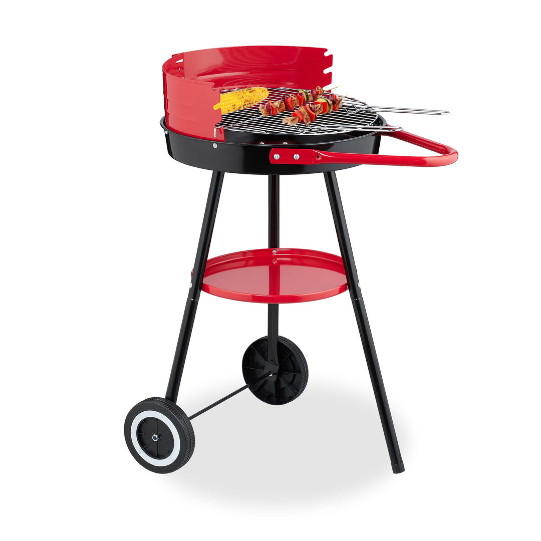Relaxdays Holzkohlegrill mit Rollen, Ø 42 cm, Picknickgrill Garten & Park, Griller, Windschutz, Rund