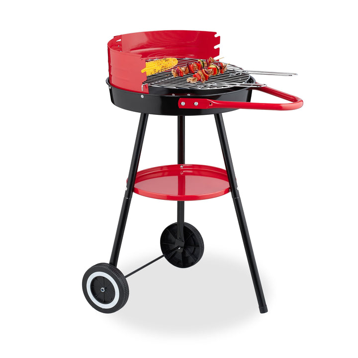 Relaxdays Holzkohlegrill mit Rollen, Ø 42 cm, Picknickgrill Garten & Park, Griller, Windschutz, Rund