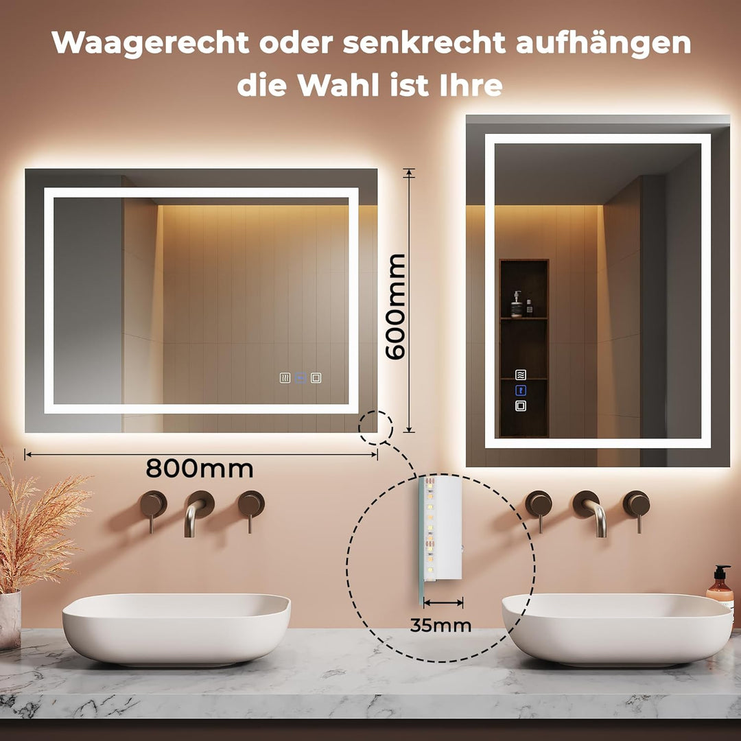Spiegel Mit Beleuchtung, 80x60cm - Wandspiege, Badezimmer Spiegelbeleuchtung, 4 Farben, Dimmbar Touc