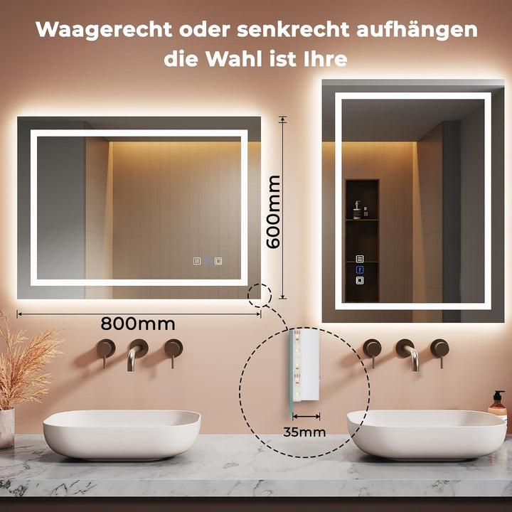 Spiegel Mit Beleuchtung, 80x60cm - Wandspiege, Badezimmer Spiegelbeleuchtung, 4 Farben, Dimmbar Touc