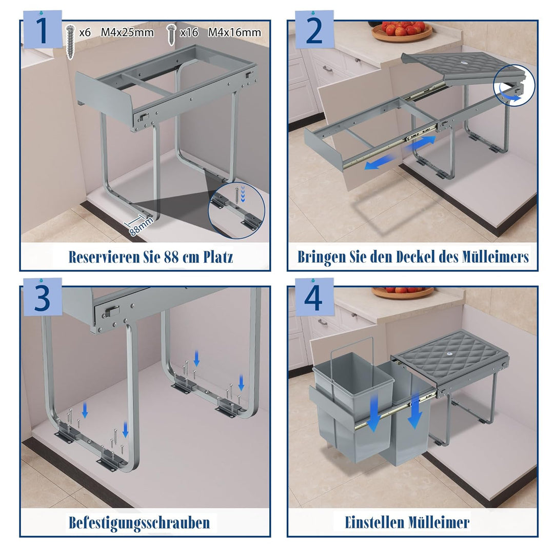 Einbaumülleimer Küche 3 Fächer Ausziehbar Mülleimer Abfalleimer Küche Unterschrank mit Teleskopschie