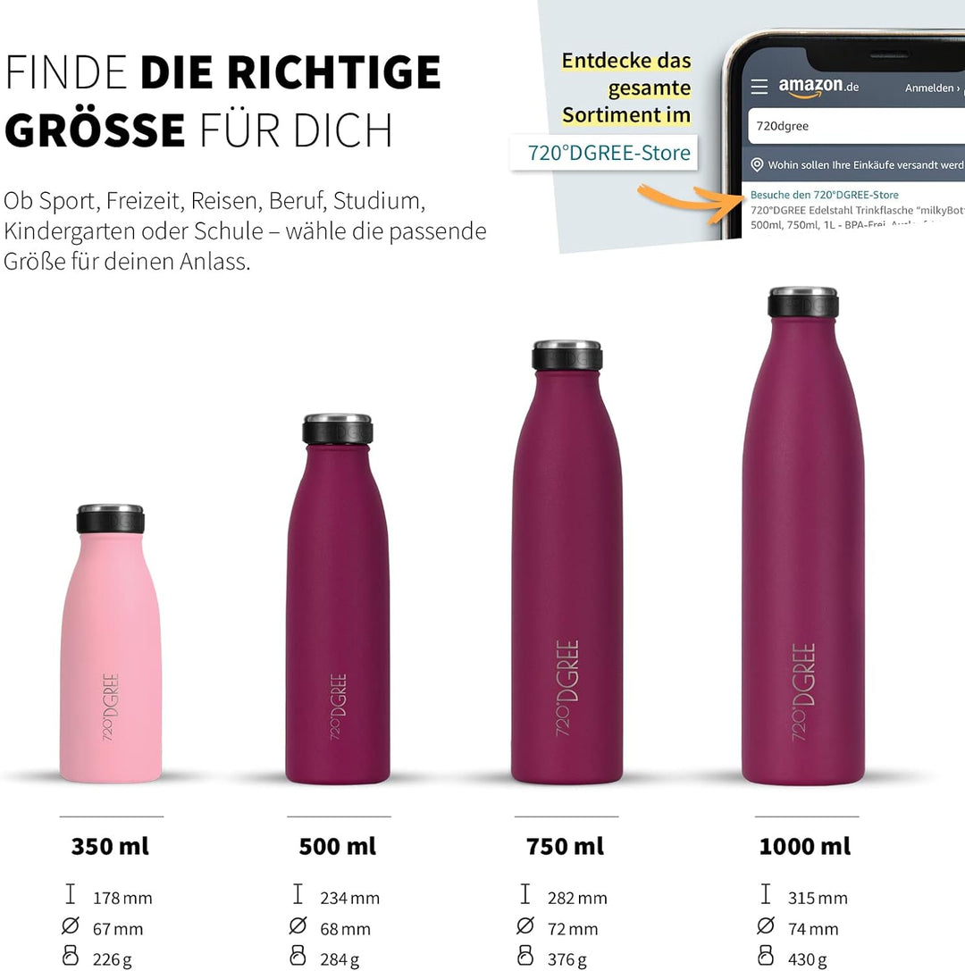 720°DGREE Edelstahl Trinkflasche “milkyBottle” - 750ml - BPA-Frei, Auslaufsicher, Kohlensäure geeign