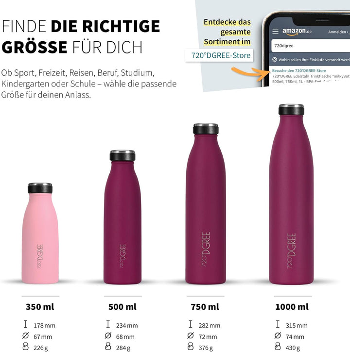 720°DGREE Edelstahl Trinkflasche “milkyBottle” - 750ml - BPA-Frei, Auslaufsicher, Kohlensäure geeign